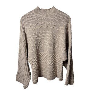 Womens L Beige Cable Knit Oversized Sweater With Geometric Patterns 3D knit Boho